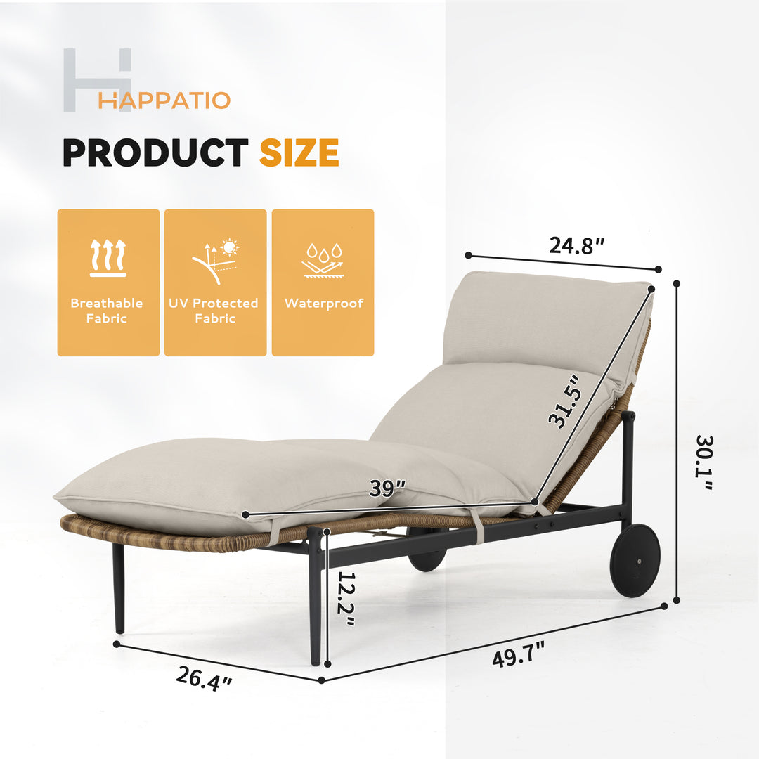 HAPPATIO 2Pcs Patio Chaise Lounge Chairs, Wicker Outdoor Lounge Chairs Set of 2 with Aluminum Frame, Thick Removable Cushion, All-Weather Outdoor Reclining Chair with Wheels for Pool Deck Porch Backyard