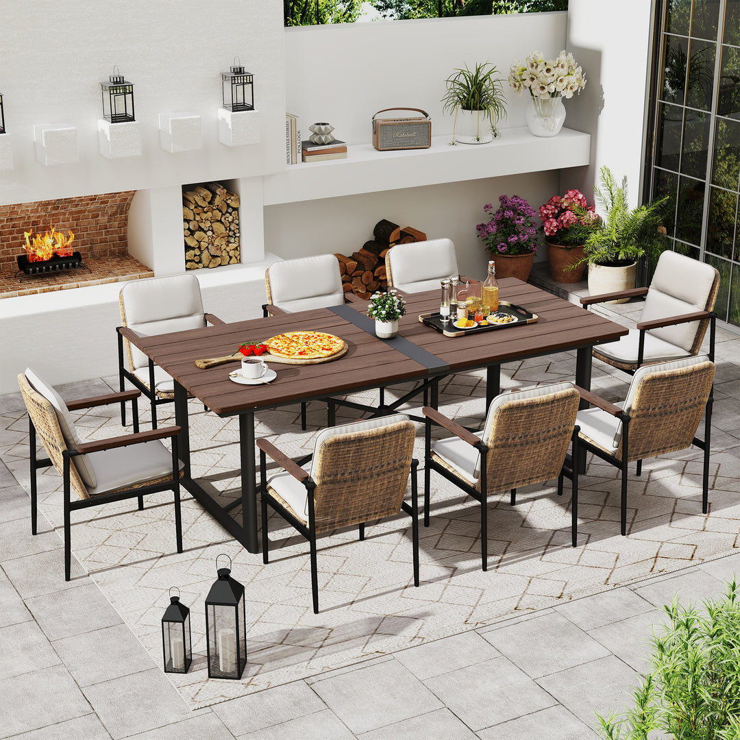9-piece patio dining set with umbrella HAPPATIO 9 Piece Patio Dining Set Outdoor, 8 Wicker Chairs with Aluminum Frame and Olefin Cushions, Large Wooden Dining Table with Umbrella Hole,Patio