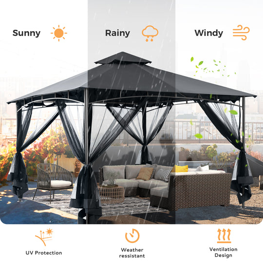 HAPPATIO Patio Gazebo, Ventilated Double Roof & Mosquito Netting, Outdoor Gazebo with Metal Frame, Soft Top Canopy for Backyard, Deck, Poolside