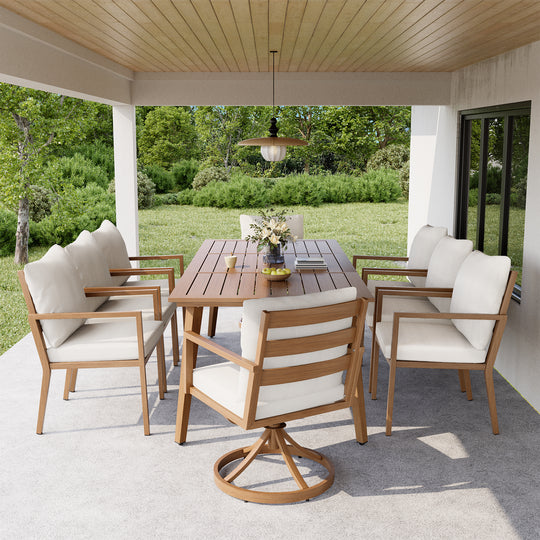 HAPPATIO Outdoor Dining Set,  Aluminum Patio Dining Set with Wood-Like Hand-Painted Finish, Dining Chairs with Waterproof Cushions, Easy Assembly for Backyard, Garden, Porch