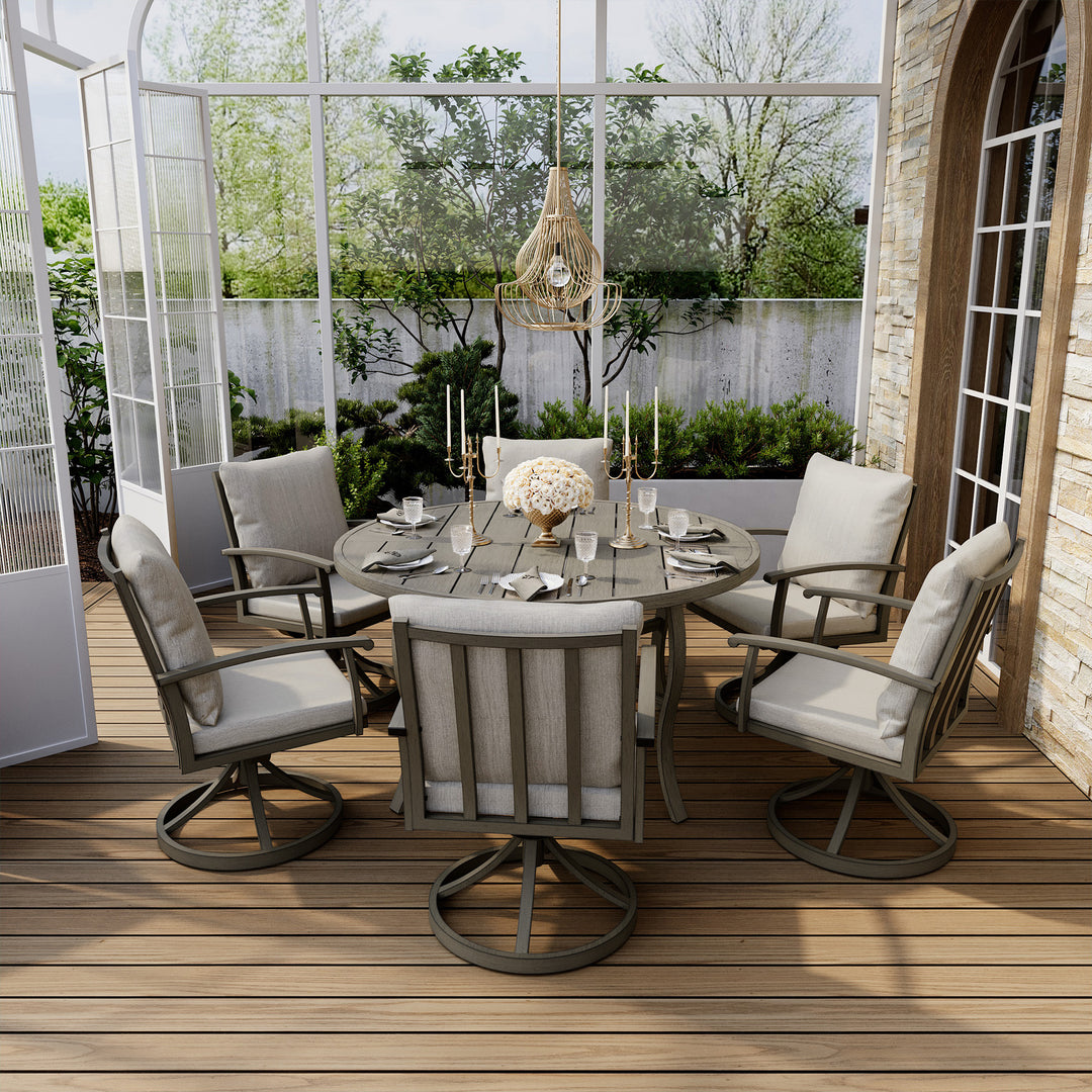 HAPPATIO Patio Dining Set, Aluminum Outdoor Dining Set, Dining Table with Umbrella Hole and 6 Chairs, Outdoor Table and Chairs with Removable Cushion for Lawn Yard Patio