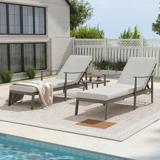 HAPPATIO Outdoor Chaise Lounge Chair - Aluminum Pool Lounge Chair with Adjustable Backrest and Cushion, Curved Armrest, Outdoor Lounge Chair for Beach, Yard, or Poolside