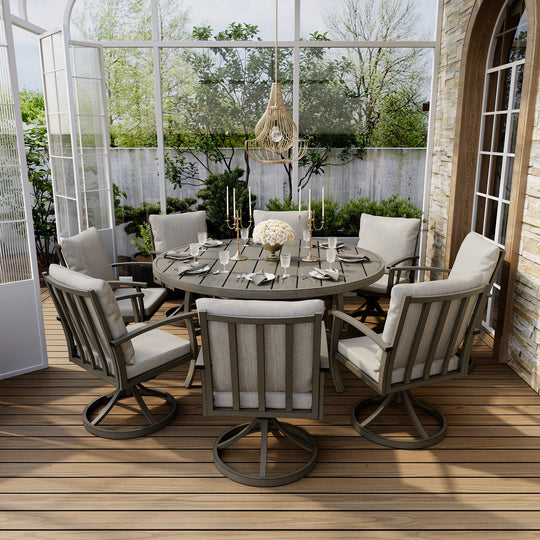 HAPPATIO Patio Dining Set, Aluminum Outdoor Dining Set, Dining Table with Umbrella Hole and 6 Chairs, Outdoor Table and Chairs with Removable Cushion for Lawn Yard Patio