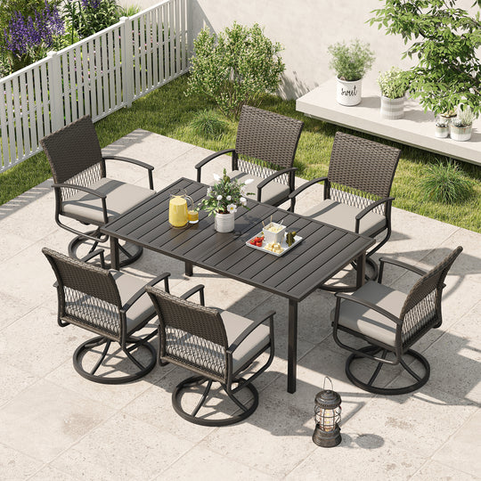 HAPPATIO Rattan Patio Dining Set, Outdoor Dining Set with Wicker Swivel Chairs, Powder-Coated Rectangular Dining Table with Umbrella Hole, Removable Cushions for Outside Lawn, Garden, Yard