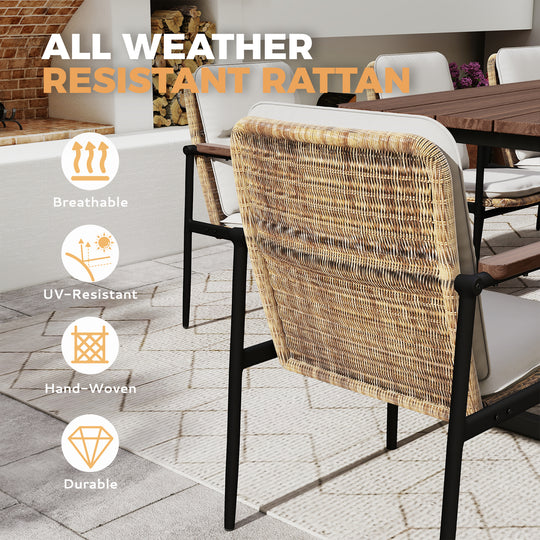 HAPPATIO 9 Piece Patio Dining Set Outdoor, 8 Wicker Chairs with Aluminum Frame and Olefin Cushions, Large Wooden Dining Table with Umbrella Hole,Patio Table and Chairs for Backyard Garden Porch