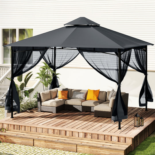 HAPPATIO Patio Gazebo, Ventilated Double Roof & Mosquito Netting, Outdoor Gazebo with Metal Frame, Soft Top Canopy for Backyard, Deck, Poolside