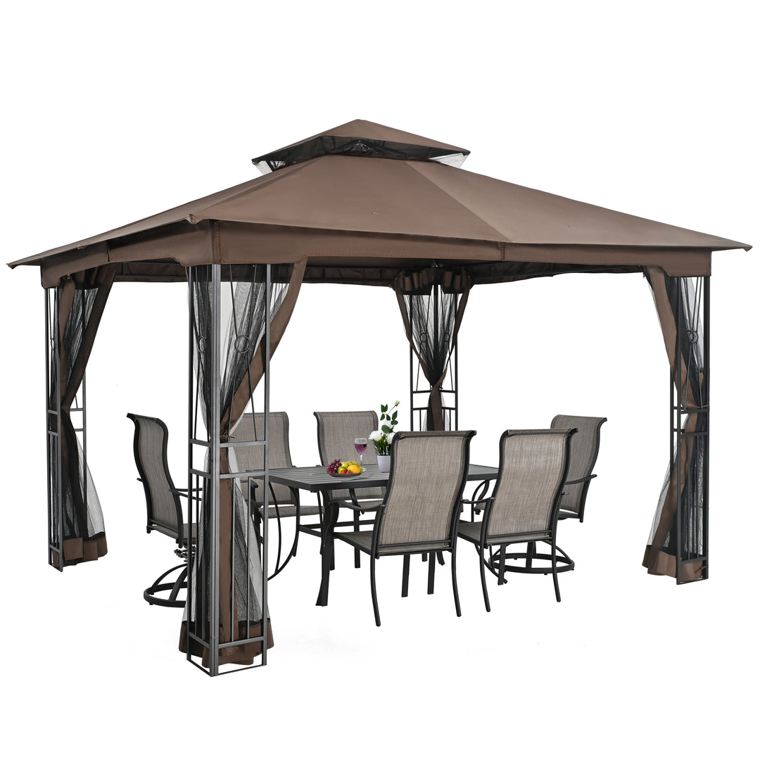 HAPPATIO 10' X 12' Patio Gazebo with Ventilation Double Roof，Outdoor Soft Top Gazebo with Mosquito Netting for Lawn, Garden