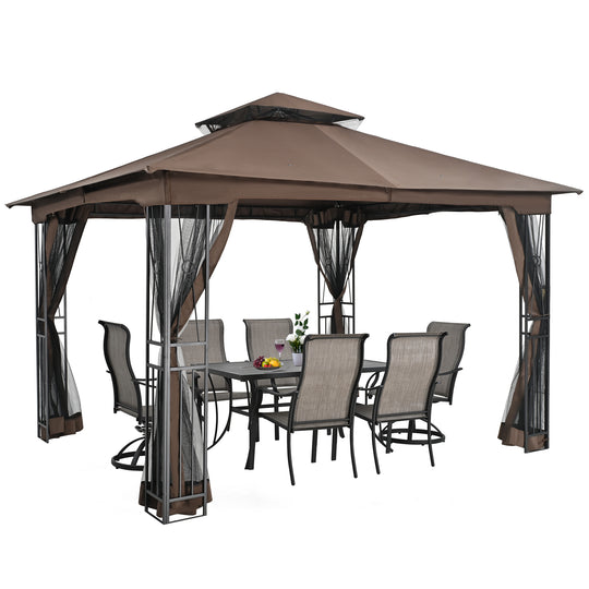 HAPPATIO 10' X 12' Patio Gazebo with Ventilation Double Roof，Outdoor Soft Top Gazebo with Mosquito Netting for Lawn, Garden