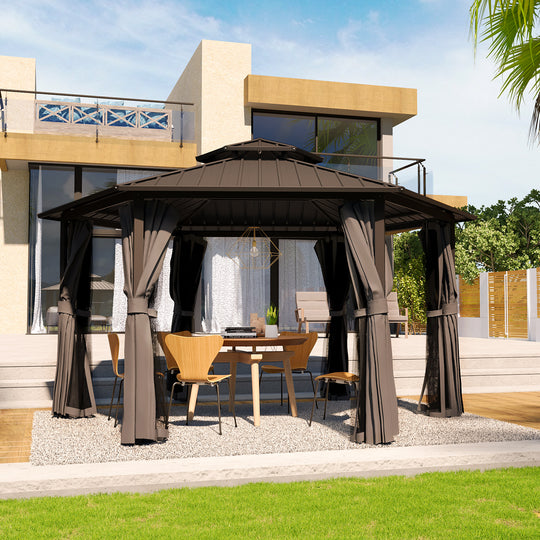 HAPPATIO 13' x 15' Hardtop Gazebo, Outdoor Hexagonal Gazebo with Galvanized Steel Roof, Aluminum Frame with Curtains and Netting, Metal Permanent Gazebos for Patios, Gardens