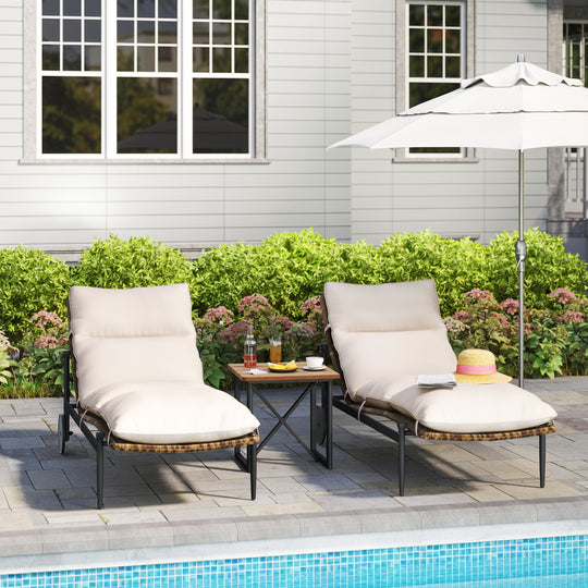 HAPPATIO Patio Chaise Lounge Set, Wicker Outdoor Lounge Chairs and Wood Side Table with Aluminum Frame,Thick Removable Cushion, All-Weather Outdoor Reclining Chair with Wheels,for Pool Deck Porch