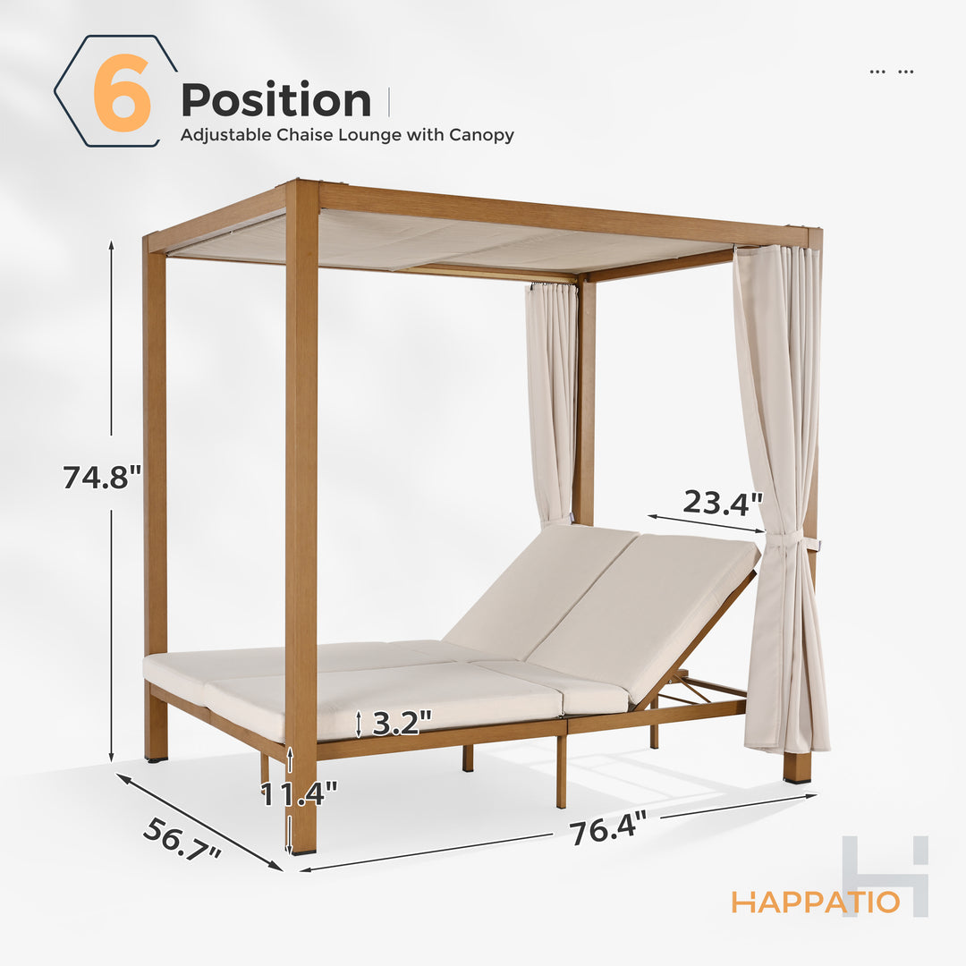 HAPPATIO Outdoor Patio Daybed with Retractable Canopy Bed,Patio Chaise Lounge with Adjustable Backrest, Wood-Like Aluminum Frame with Cushion & Curtain, Outdoor Chaise for Outside Pool, Garden