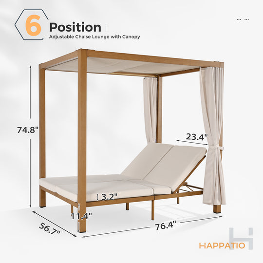 HAPPATIO Outdoor Patio Daybed with Retractable Canopy Bed,Patio Chaise Lounge with Adjustable Backrest, Wood-Like Aluminum Frame with Cushion & Curtain, Outdoor Chaise for Outside Pool, Garden