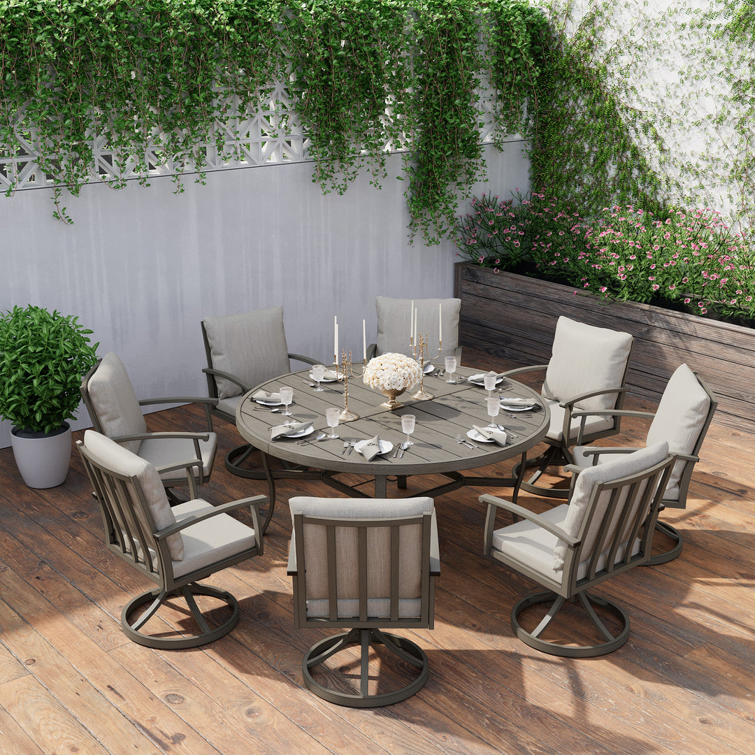 HAPPATIO Patio Dining Set, Aluminum Outdoor Dining Set, Dining Table with Umbrella Hole and 6 Chairs, Outdoor Table and Chairs with Removable Cushion for Lawn Yard Patio