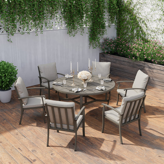 HAPPATIO Patio Dining Set, Aluminum Outdoor Dining Set, Dining Table with Umbrella Hole and 6 Chairs, Outdoor Table and Chairs with Removable Cushion for Lawn Yard Patio