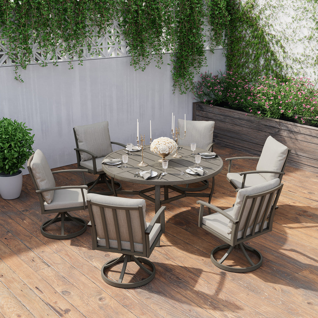 HAPPATIO Patio Dining Set, Aluminum Outdoor Dining Set, Dining Table with Umbrella Hole and 6 Chairs, Outdoor Table and Chairs with Removable Cushion for Lawn Yard Patio