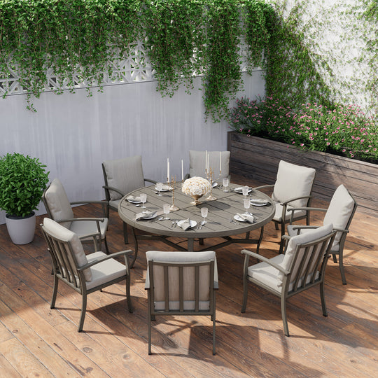 HAPPATIO Patio Dining Set, Aluminum Outdoor Dining Set, Dining Table with Umbrella Hole and 6 Chairs, Outdoor Table and Chairs with Removable Cushion for Lawn Yard Patio