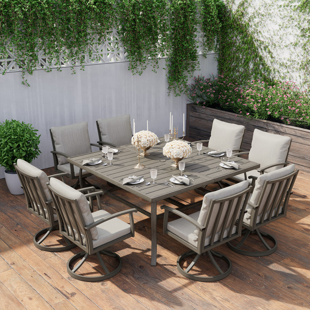 HAPPATIO Patio Dining Set, Aluminum Outdoor Dining Set, Dining Table with Umbrella Hole and 6 Chairs, Outdoor Table and Chairs with Removable Cushion for Lawn Yard Patio