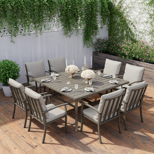 HAPPATIO Patio Dining Set, Aluminum Outdoor Dining Set, Dining Table with Umbrella Hole and 6 Chairs, Outdoor Table and Chairs with Removable Cushion for Lawn Yard Patio