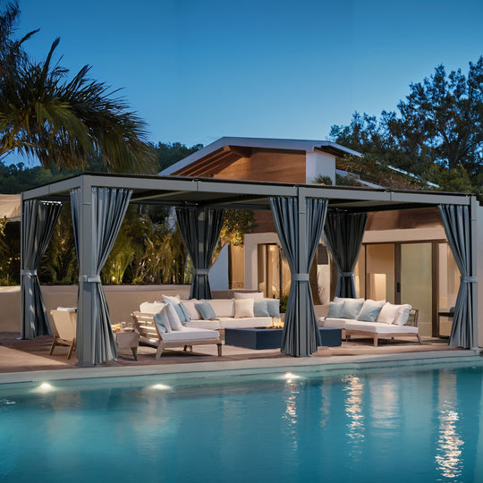 HAPPATIO Outdoor Louvered Pergola, Metal Pergola with Adjustable Rainproof Roof, Patio Pergola with Curtains and Mosquito Nets