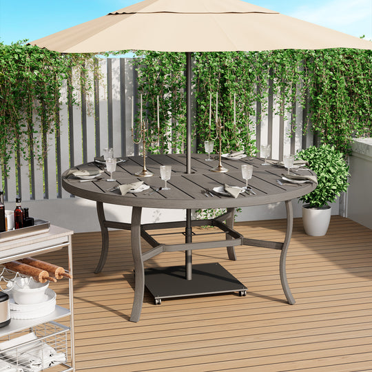 HAPPATIO Patio Dining Set, Aluminum Outdoor Dining Set, Dining Table with Umbrella Hole and 6 Chairs, Outdoor Table and Chairs with Removable Cushion for Lawn Yard Patio