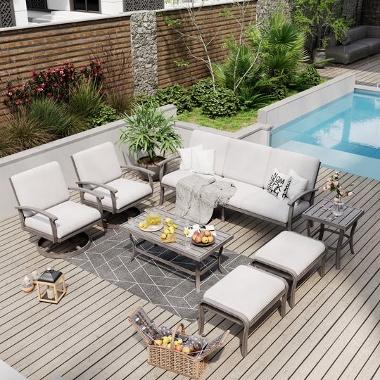 HAPPATIO 7 Piece Aluminum Patio Furniture Set, Outdoor Sectional Sofa with Ottomans and Coffee Table, Garden Conversation Set with Armchairs for Lawn Deck (Gray)