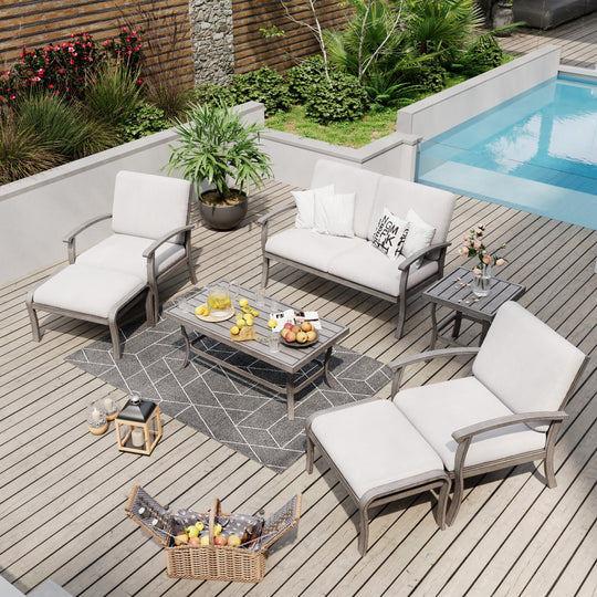 HAPPATIO 7 Piece Aluminum Patio Furniture Set, Outdoor Sectional Sofa with Ottomans and Coffee Table, Garden Conversation Set with Armchairs for Lawn Deck (Gray)