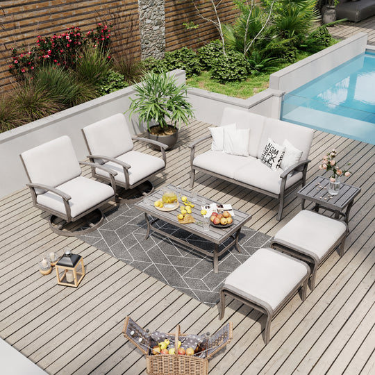 HAPPATIO 7 Piece Aluminum Patio Furniture Set, Outdoor Sectional Sofa with Ottomans and Coffee Table, Garden Conversation Set with Armchairs for Lawn Deck (Gray)