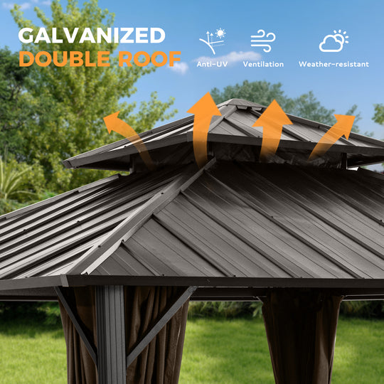 HAPPATIO Outdoor Gazebo with Hardtop Roof, Double Galvanized Steel Roof Canopy with Aluminum Frame, Curtains and Netting for Patio, Backyard, Deck, Lawn, Grey, Easy Assembly
