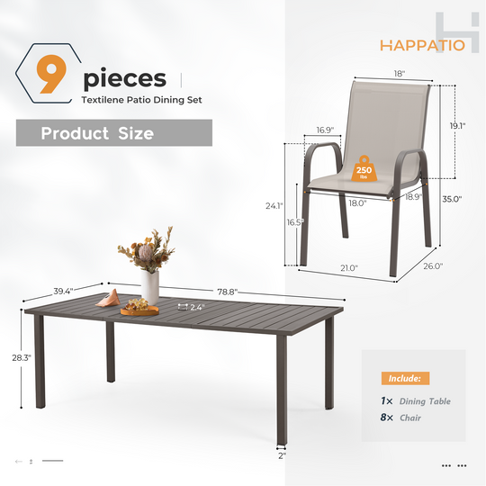 HAPPATIO Outdoor Patio Dining Set, Quick Dry Textilene Dining Chairs and Dining Table with Umbrella Hole, Stackable Textilene Chairs for Garden, Patio and Poolside Backyard