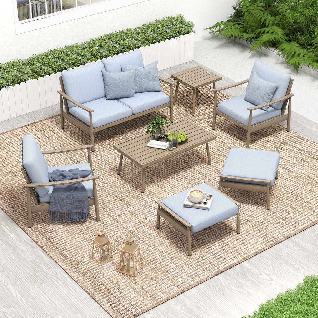 HAPPATIO Patio Outdoor Furniture Set - 7 Pieces Aluminum Outdoor Conversation Set Includes 1 Loveseat, 1 Coffee Table, 1 Side Table, 2 Armchairs, and 2 Ottomans for Porch, Lawn