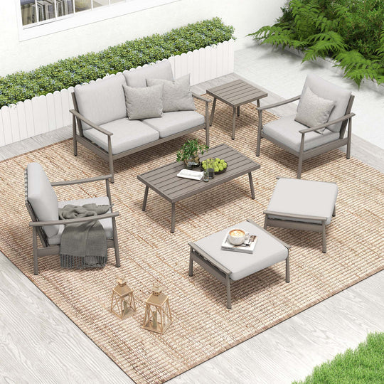 HAPPATIO Patio Outdoor Furniture Set - 7 Pieces Aluminum Outdoor Conversation Set Includes 1 Loveseat, 1 Coffee Table, 1 Side Table, 2 Armchairs, and 2 Ottomans for Porch, Lawn