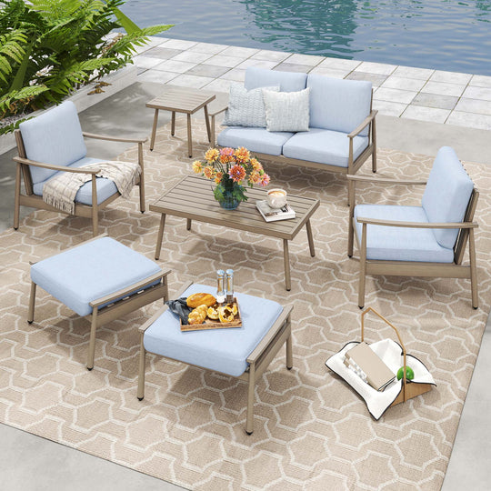 HAPPATIO Patio Outdoor Furniture Set - 7 Pieces Aluminum Outdoor Conversation Set Includes 1 Loveseat, 1 Coffee Table, 1 Side Table, 2 Armchairs, and 2 Ottomans for Porch, Lawn