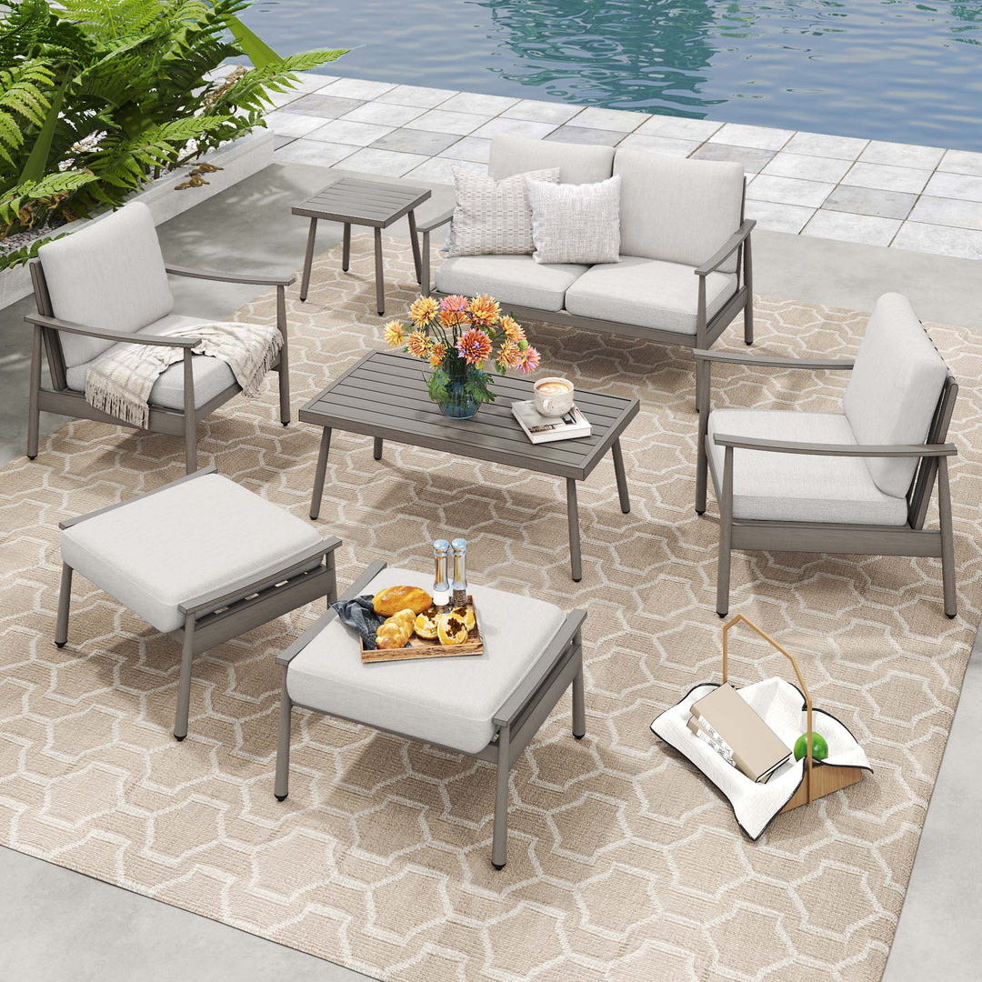 HAPPATIO Patio Outdoor Furniture Set - 7 Pieces Aluminum Outdoor Conversation Set Includes 1 Loveseat, 1 Coffee Table, 1 Side Table, 2 Armchairs, and 2 Ottomans for Porch, Lawn