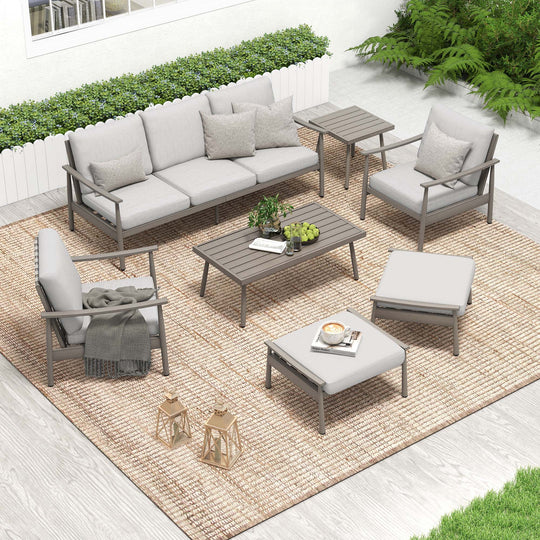 HAPPATIO Patio Outdoor Furniture Set - 7 Pieces Aluminum Outdoor Conversation Set Includes 1 Three-Seater Sofa, 1 Coffee Table, 1 Side Table, 2 Armchairs and 2 Ottomans for Porch Lawn