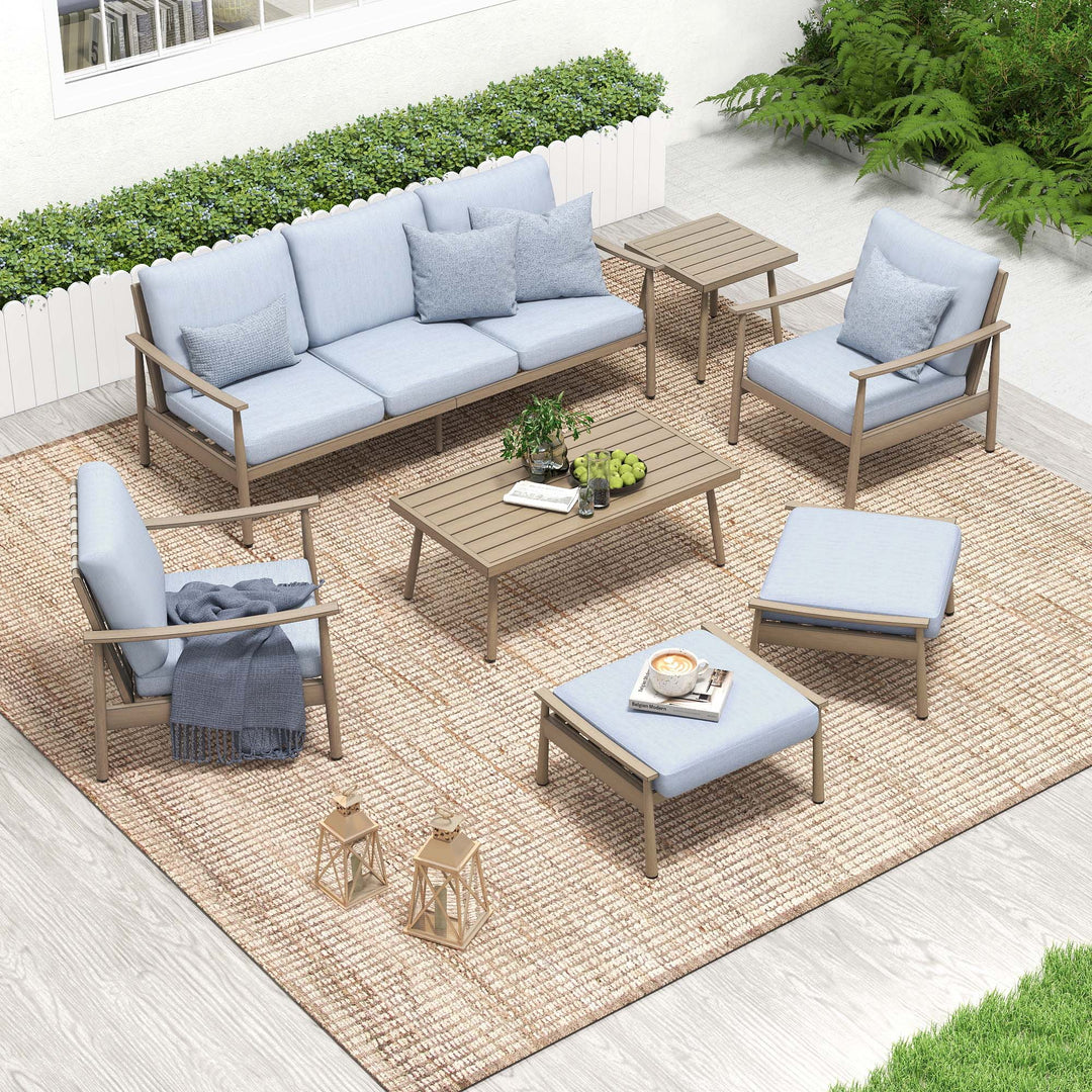 HAPPATIO Patio Outdoor Furniture Set - 7 Pieces Aluminum Outdoor Conversation Set Includes 1 Three-Seater Sofa, 1 Coffee Table, 1 Side Table, 2 Armchairs and 2 Ottomans for Porch Lawn