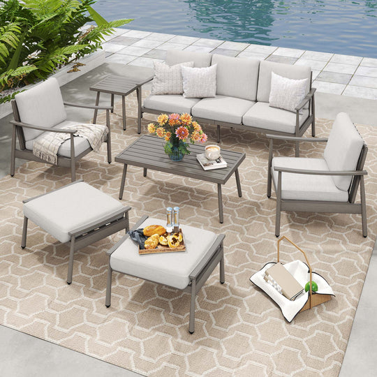 HAPPATIO Patio Outdoor Furniture Set - 7 Pieces Aluminum Outdoor Conversation Set Includes 1 Three-Seater Sofa, 1 Coffee Table, 1 Side Table, 2 Armchairs and 2 Ottomans for Porch Lawn