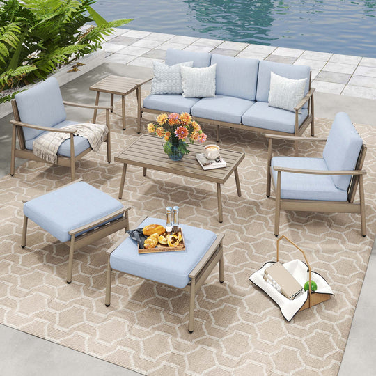 HAPPATIO Patio Outdoor Furniture Set - 7 Pieces Aluminum Outdoor Conversation Set Includes 1 Three-Seater Sofa, 1 Coffee Table, 1 Side Table, 2 Armchairs and 2 Ottomans for Porch Lawn