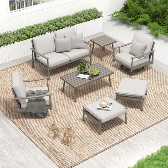 HAPPATIO Patio Outdoor Furniture Set - 7 Pieces Aluminum Outdoor Conversation Set Includes 1 Loveseat, 1 Side Table, 1 Coffee Table, 2 Swivel Chairs, and 2 Ottomans for Porch, Yard, Lawn