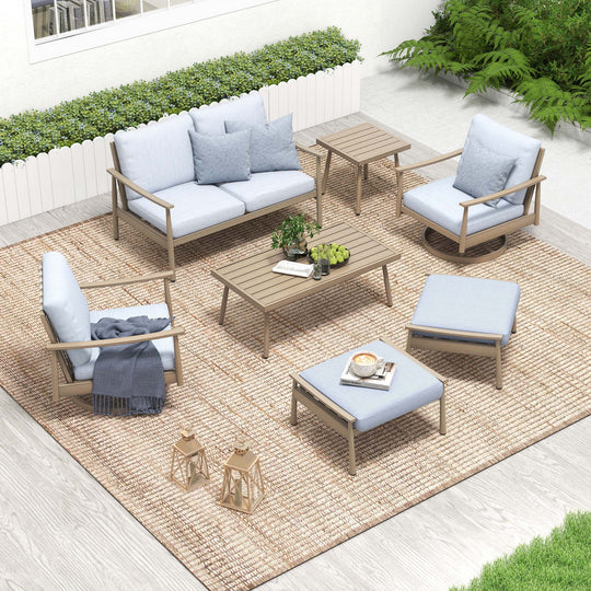 HAPPATIO Patio Outdoor Furniture Set - 7 Pieces Aluminum Outdoor Conversation Set Includes 1 Loveseat, 1 Side Table, 1 Coffee Table, 2 Swivel Chairs, and 2 Ottomans for Porch, Yard, Lawn