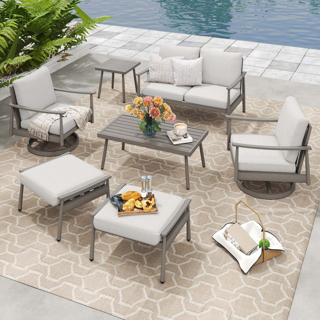 HAPPATIO Patio Outdoor Furniture Set - 7 Pieces Aluminum Outdoor Conversation Set Includes 1 Loveseat, 1 Side Table, 1 Coffee Table, 2 Swivel Chairs, and 2 Ottomans for Porch, Yard, Lawn