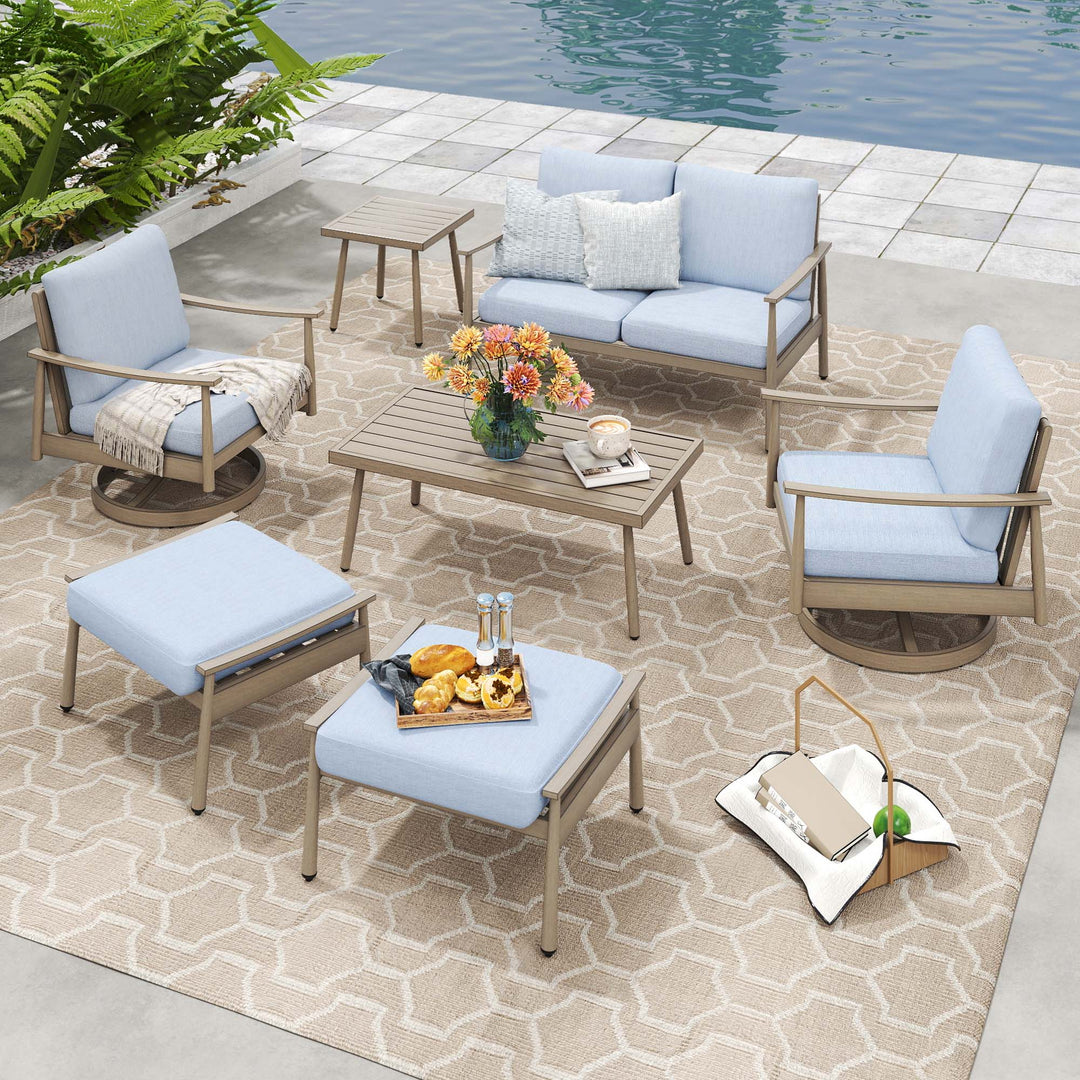 HAPPATIO Patio Outdoor Furniture Set - 7 Pieces Aluminum Outdoor Conversation Set Includes 1 Loveseat, 1 Side Table, 1 Coffee Table, 2 Swivel Chairs, and 2 Ottomans for Porch, Yard, Lawn
