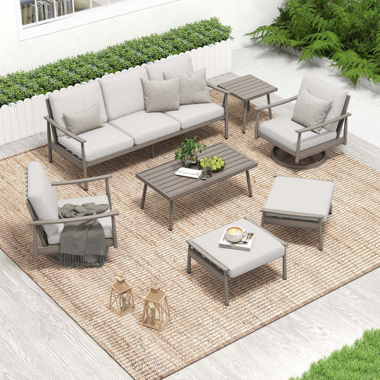 HAPPATIO Patio Outdoor Furniture Set - 7 Pieces Aluminum Outdoor Conversation Set Includes 1 Three-Seater Sofa, 1 Side Table, 1 Coffee Table, 2 Swivel Chairs and 2 Ottomans for Porch, Lawn