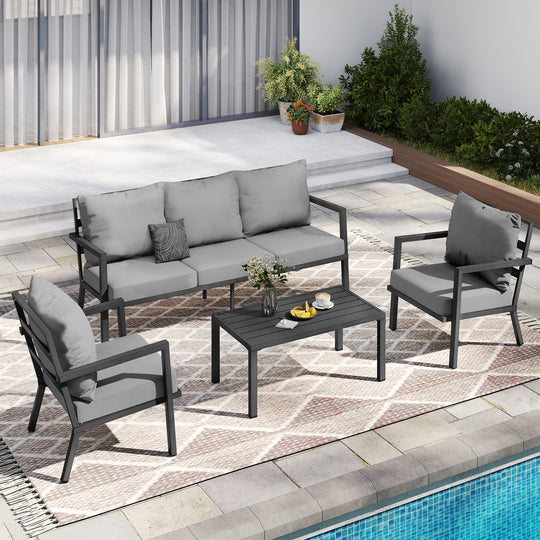 HAPPATIO Aluminum Patio Furniture Set, 4 Pieces Conversation Set with Thick Cushions and Coffee Table, All Weather Sofa Couch Waterproof and Rustproof for Garden, Backyard, Porch, Beige