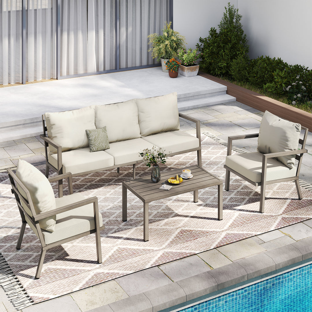 HAPPATIO Aluminum Patio Furniture Set, 4 Pieces Conversation Set with Thick Cushions and Coffee Table, All Weather Sofa Couch Waterproof and Rustproof for Garden, Backyard, Porch, Beige