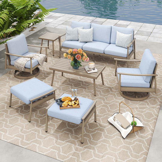 HAPPATIO Patio Outdoor Furniture Set - 7 Pieces Aluminum Outdoor Conversation Set Includes 1 Three-Seater Sofa, 1 Side Table, 1 Coffee Table, 2 Swivel Chairs and 2 Ottomans for Porch, Lawn