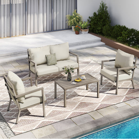 HAPPATIO Aluminum Patio Furniture Set, 4 Pieces Conversation Set with Thick Cushions and Coffee Table, All Weather Sofa Couch Waterproof and Rustproof for Garden, Backyard, Porch, Beige