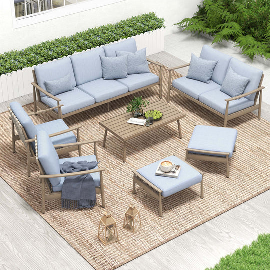 HAPPATIO Patio Outdoor Furniture Set - 7 Pieces Aluminum Outdoor Conversation Set Includes 1 Three-Seater Sofa, 1 Coffee Table, 1 Loveseat, 2 Armchairs and 2 Ottomans for Porch, Yard, Lawn