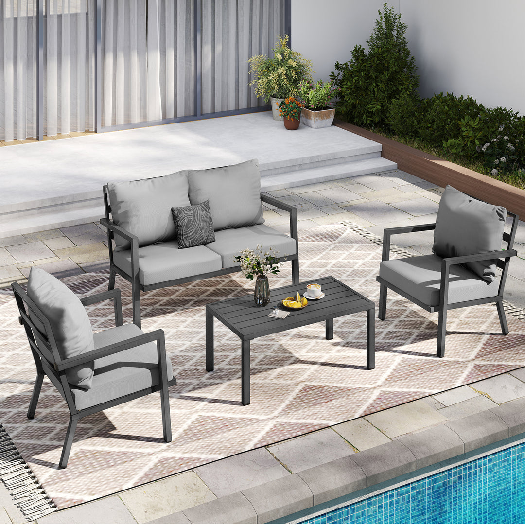 HAPPATIO Aluminum Patio Furniture Set, 4 Pieces Conversation Set with Thick Cushions and Coffee Table, All Weather Sofa Couch Waterproof and Rustproof for Garden, Backyard, Porch, Beige