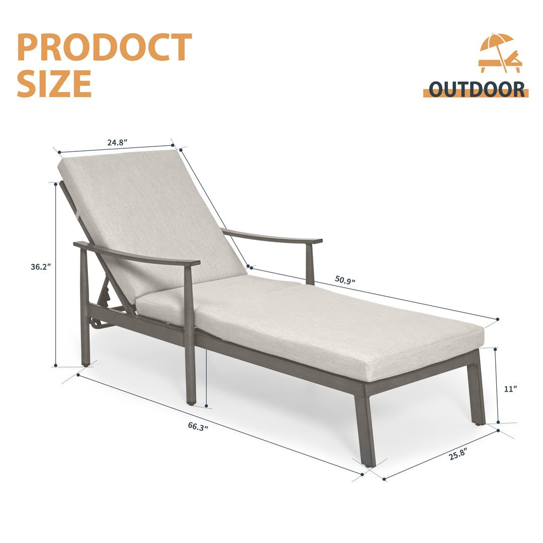 HAPPATIO Outdoor Chaise Lounge Chair - Aluminum Pool Lounge Chair with Adjustable Backrest and Cushion, Curved Armrest, Outdoor Lounge Chair for Beach, Yard, or Poolside