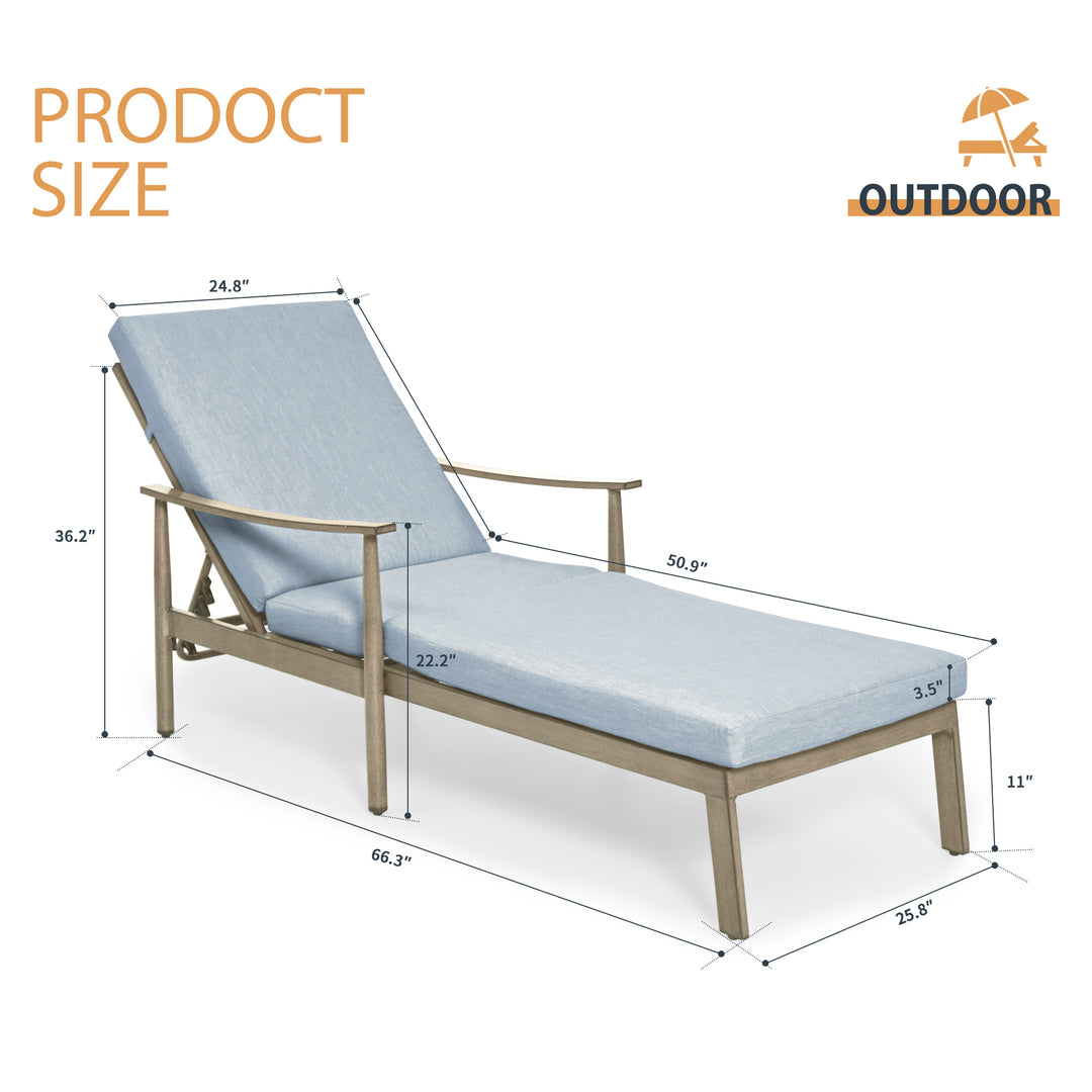 HAPPATIO Outdoor Chaise Lounge Chair - Aluminum Pool Lounge Chair with Adjustable Backrest and Cushion, Curved Armrest, Outdoor Lounge Chair for Beach, Yard, or Poolside